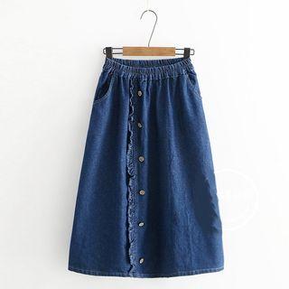 Frill-trim Midi A-line Denim Skirt