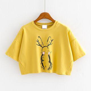 Rabbit Print Cropped Short Sleeve T-shirt