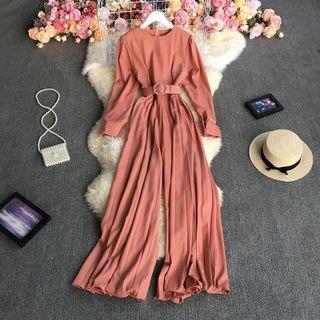 Long-sleeve Belted Wide Leg Jumpsuit