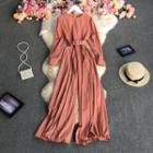 Long-sleeve Belted Wide Leg Jumpsuit