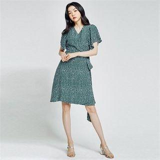 Ruffle-sleeve Tie-waist Wrap Dress Green - One Size