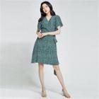 Ruffle-sleeve Tie-waist Wrap Dress Green - One Size