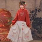 Mandarin Collar Embroidered Crop Top / Mesh Panel Midi A-line Skirt