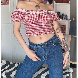 Puff-sleeve Off-shoulder Gingham Crop Top