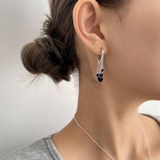 Heart Hoop Earring 1 Pair - Hoop Earring - Heart & Tassel - Black - One Size