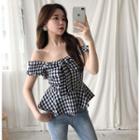 Short-sleeve Off Shoulder Frill Trim Gingham Top As Shown In Figure - One Size