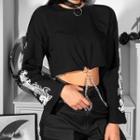 Long Sleeve Dragon Print Chain-detail Crop Top