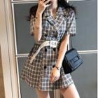 Set: Short-sleeve Double-breasted Plaid Shirtdress + Belt