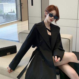 Plain Belted Trench Coat With Belt - Black - One Size