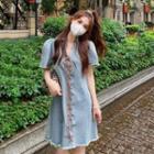 V-neck Washed Denim Lace-up Dress