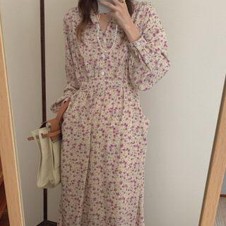 Long-sleeve V-neck Floral Maxi Dress