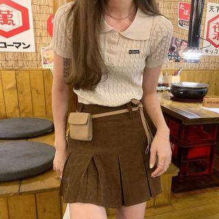 Polo Short-sleeve Plain Cable Knit Cropped Top