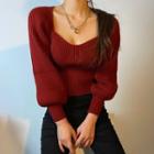 Puff-sleeve Square-neck Plain Cropped Sweater