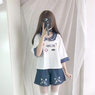 Printed Elbow Sleeve Collared T-shirt