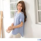 Bow-cuffed Short-sleeve Stripe Top