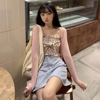Bow-accent Floral Print Camisole Top + Light Cardigan
