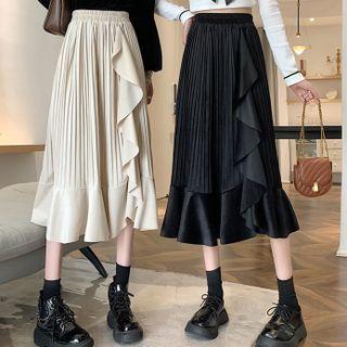 Ruffle Trim Pleated Midi A-line Skirt