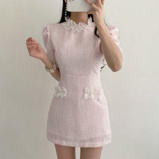 Short Sleeve Mock Neck Beaded Lace Detail Mini Sheath Dress