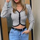 Long Sleeve V-neck Plaid Crop Cardigan