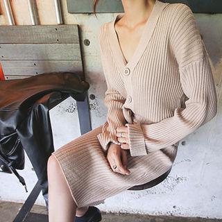 Set: Wool Blend Rib-knit Cardigan + Pencil Skirt