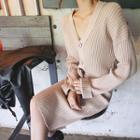 Set: Wool Blend Rib-knit Cardigan + Pencil Skirt