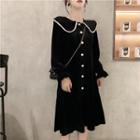 Long-sleeve Collar Midi A-line Velvet Dress Black - One Size