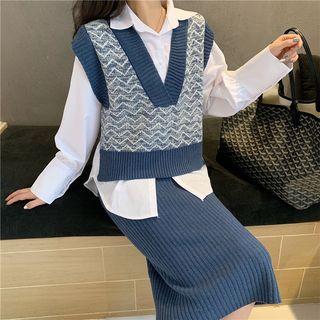 V-neck Knit Vest / Knit Pencil Midi Skirt / Long-sleeve Shirt