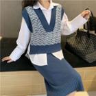 V-neck Knit Vest / Knit Pencil Midi Skirt / Long-sleeve Shirt