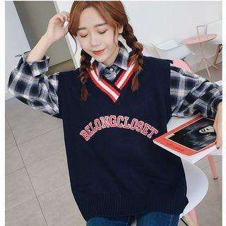 Lettering V-neck Sweater Vest