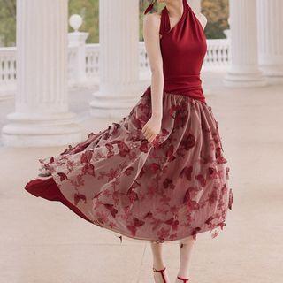 Halter-neck Butterfly Applique Midi A-line Dress