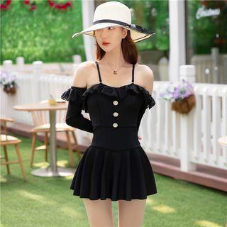 Set: Bell-sleeve Oversleeves + Spaghetti-strap Swim Dress