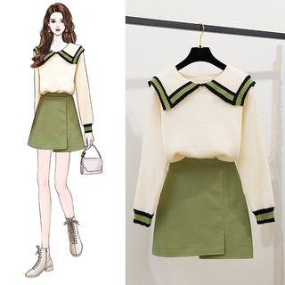 Color Block Sweater / Faux-leather A-line Skirt