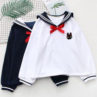 Cat Embroidered Sailor Collar Pullover