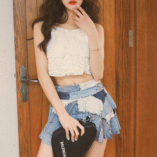 Set: Lace Tankini + Color Block Swim Skirt