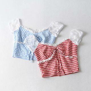 Short-sleeve Lace Plaid Top