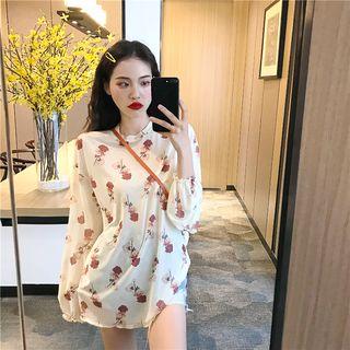 Rose Printed Long-sleeve Mesh Top As Figure - One Size