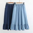 Frill Trim Midi A-line Denim Skirt
