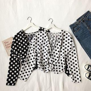 Deep V Knotted Polka Dot Long-sleeve Chiffon Blouse