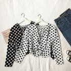 Deep V Knotted Polka Dot Long-sleeve Chiffon Blouse
