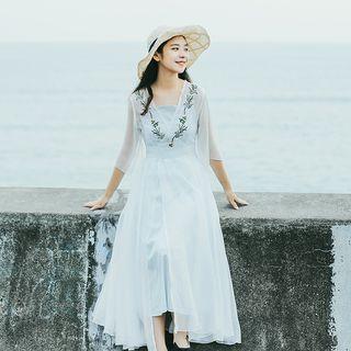 Floral Embroidered Elbow-sleeve A-line Maxi Dress