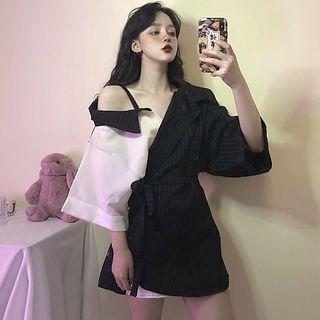 Long-sleeve Cold-shoulder Striped Panel Shirt As Shown In Figure - One Size