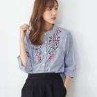 Floral Embroidered Striped Buttoned Blouse Blue - One Size