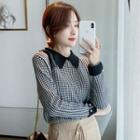 Long-sleeve Houndstooth Collared Top