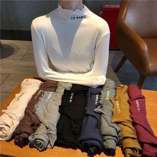 Embroidered Plain Semi High-neck Long-sleeve Top