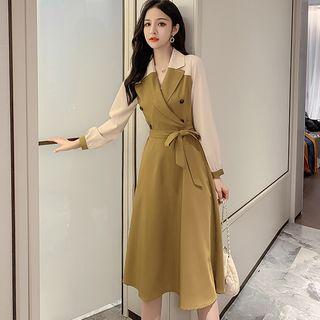 Two-tone Tie-waist Long-sleeve A-line Midi Dress