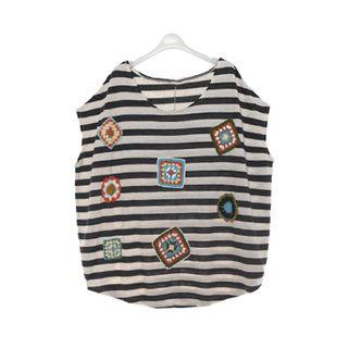 Crochet-patch Oversized Stripe Top