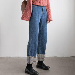 Cropped Plaid Panel Straight-leg Jeans