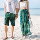 Couple Matching Leaf Print Beach Shorts / Set Of 3: Cover-up + Tankini Top + Swimshorts