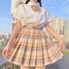 Short-sleeve Plain Shirt / Bow Tie / Mini Plaid Pleated Skirt / Set