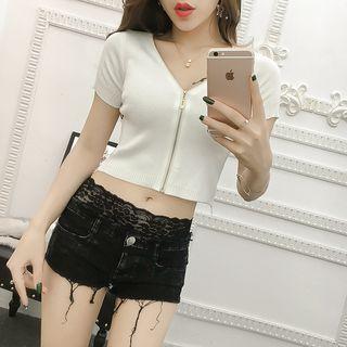 Short-sleeve Zip-front Cropped Top